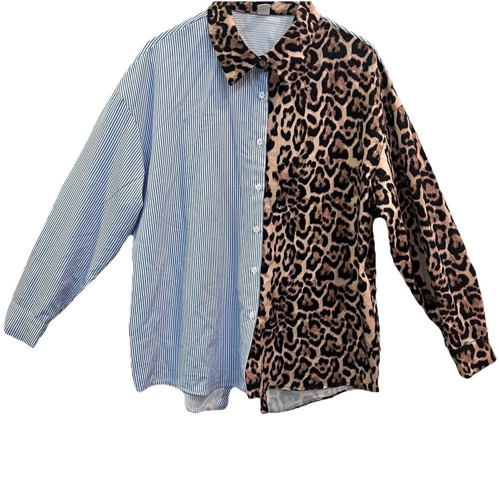 BEAUDRM Womens Sz Large Print Block Leopard Split Back‎ Blouse Preppy Layered
